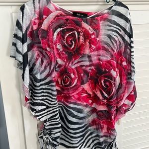 Style & Co zebra print with pink roses and sequins top Sz M
